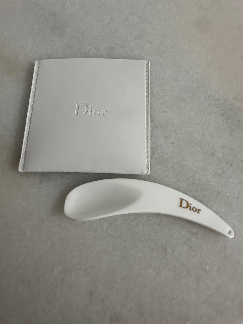 Dior White Ceramic Shoehorn with Gold Logo and Pouch